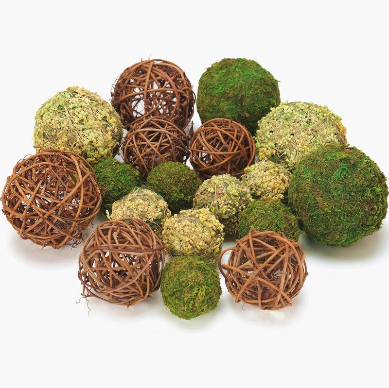 BYHER Decorative Balls for Centerpiece Bowls, 18pcs Fake Moss Balls + Wicker Rattan Balls Set Vase Bowl Filler for Home Garden Wedding Party Decor (Fresh Green + Rustic Brown) - Image 2